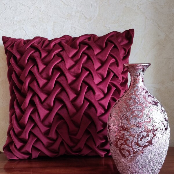 Dark red - Burgundy - Smocked - Velvet - Luxury - Handmade - Throw pillow - Cushion - Cover - 13" x 13" 16" x 16" 18" x 18"