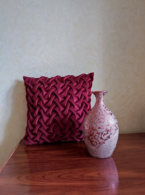 Dark Red Burgundy Smocked Velvet Luxury Handmade Throw Pillow