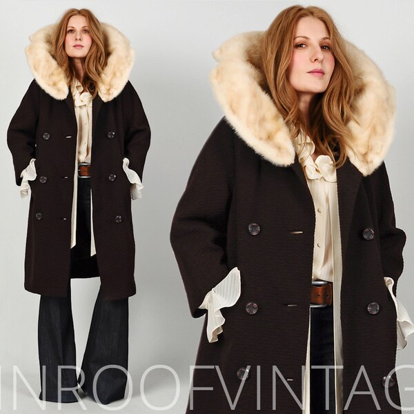 vintage MINK FUR wool Coat 60s brown textured blonde massive mink collar swing