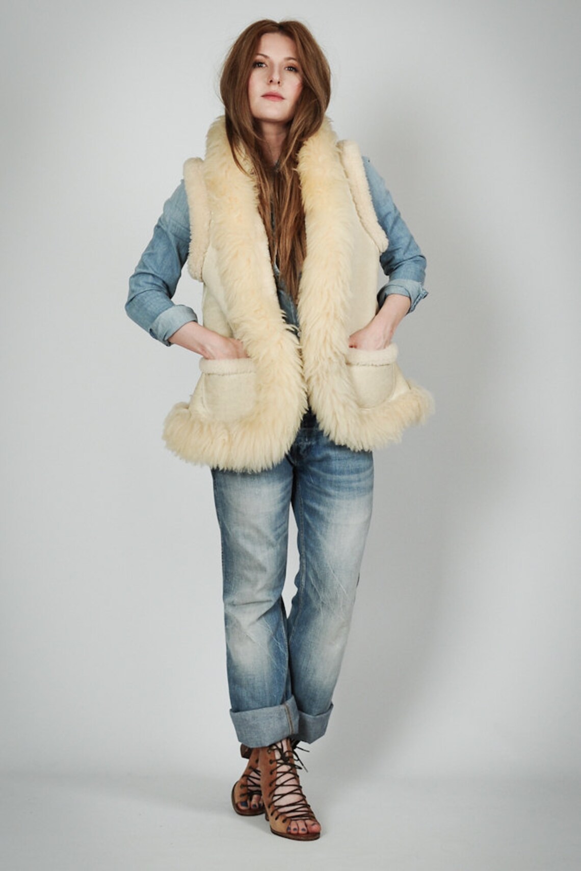 Vintage 70s SHEARLING FUR sheepskin Vest Jacket Coat shaggy Etsy