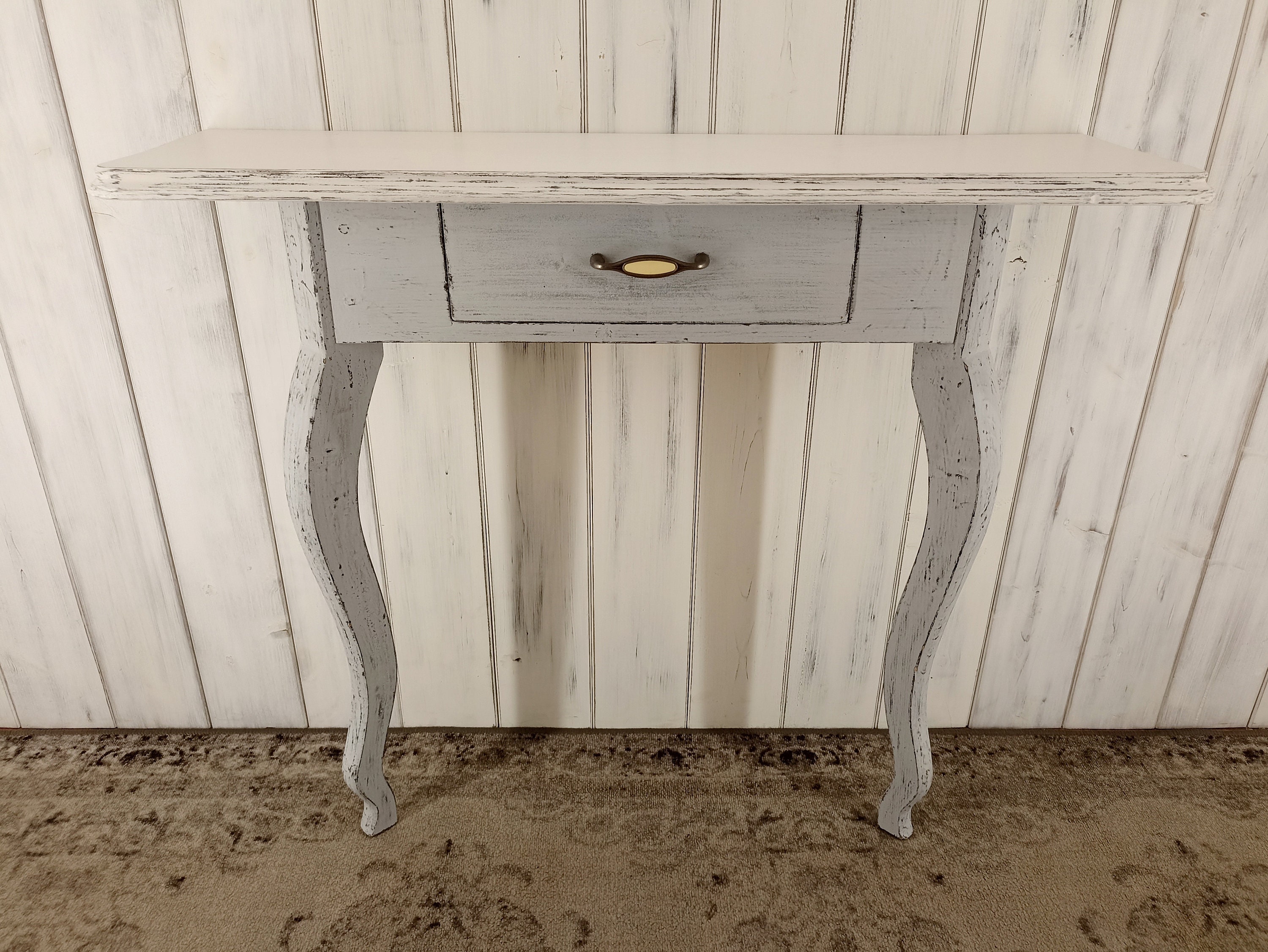 CONSOLLE ENTRATINA SAGOMATA IN LEGNO MASSICCIO CON CASSETTI MOD KATE SHABBY  CHIC BIANCA