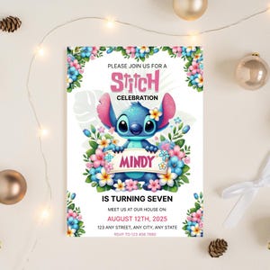 Floral Stitch Editable Birthday Invitation, Lilo And Stitch Birthday Invite, Stitch Birthday Party, Hawaii Party, Canva Template