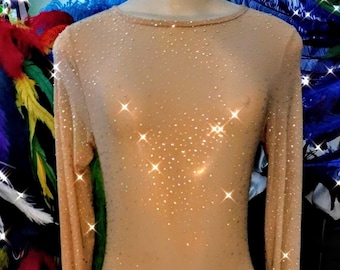 GOLD AB-Farben irisierenden Strass-Perlen Bodysuit Leotard. Bodysuit.Mesh Catsuit Strass