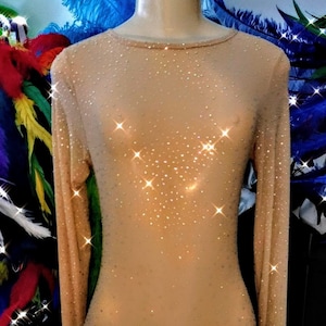 GOLD AB-Farben irisierenden Strass-Perlen Bodysuit Leotard. Bodysuit.Mesh Catsuit Strass