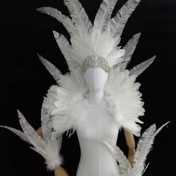 Made in USA White Collar,headdress and arm pieces. Feather costume Piece Samba Hora Loca carnaval parade