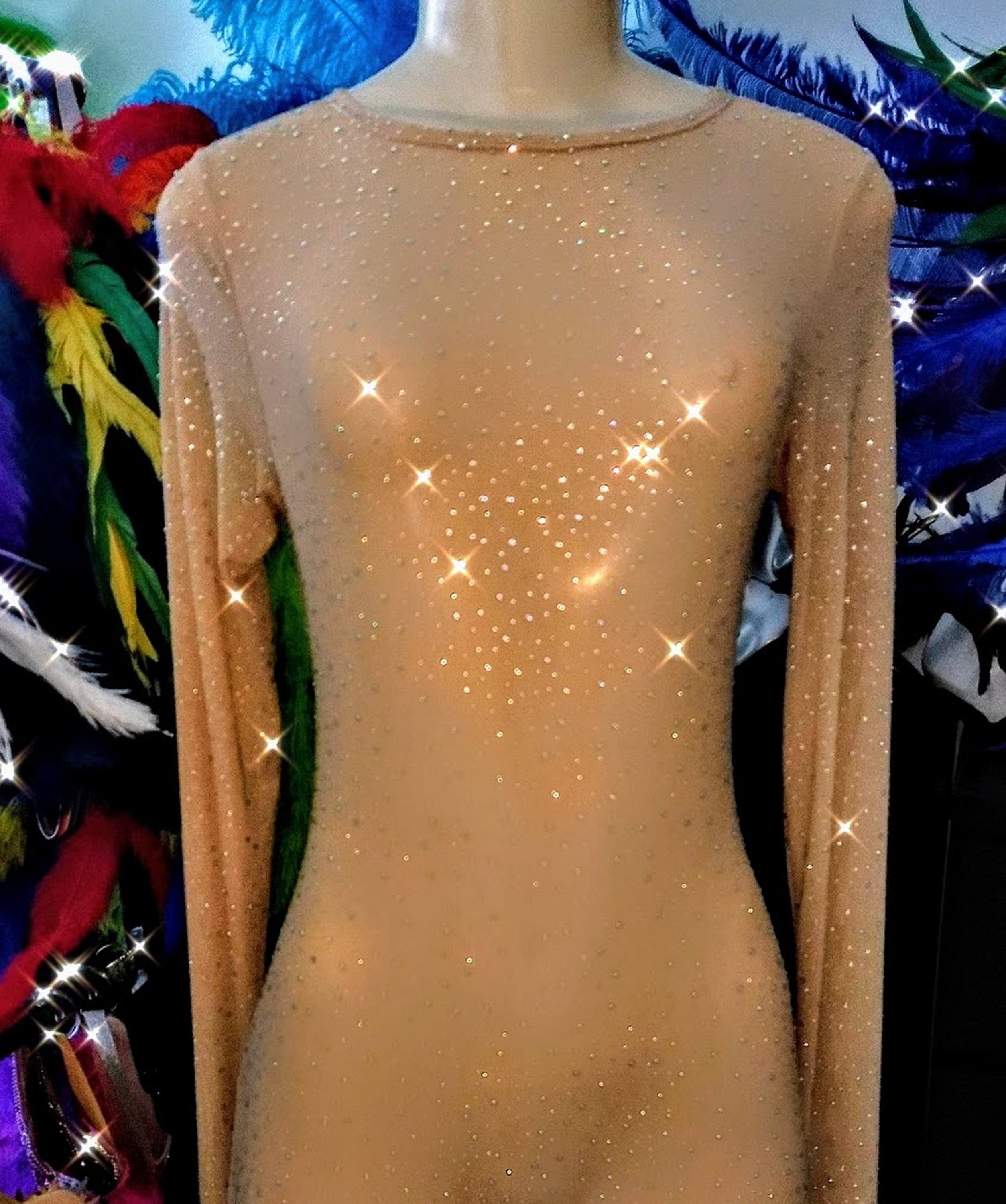 Crystal Gold AB Farben irisierende Strass Perlen Bodysuit Leotard. Bodysuit.Mesh Catsuit Strass