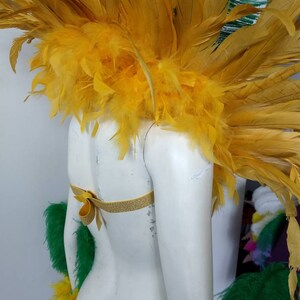 May include: A yellow feather costume piece with a gold ribbon. The feather piece is worn on the shoulders and is designed for a costume or performance.