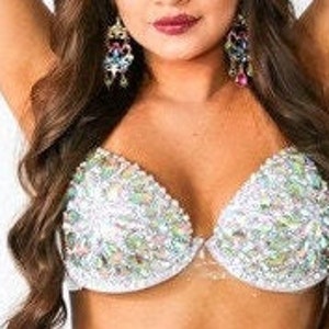 NUOVO reggiseno coppa D Carnevale spettacolo ragazza Cristalli iridescenti Mardi Gras Reggiseno top Rave