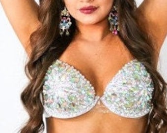 NEUE D CUP BH Karneval Show Girl irisierende Kristalle Karneval Büstenhalter oben Rave