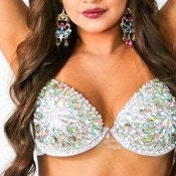 NEW D   CUP Bra Carnival show girl Iridescent Crystals  Mardi Gras Brassiere top Rave