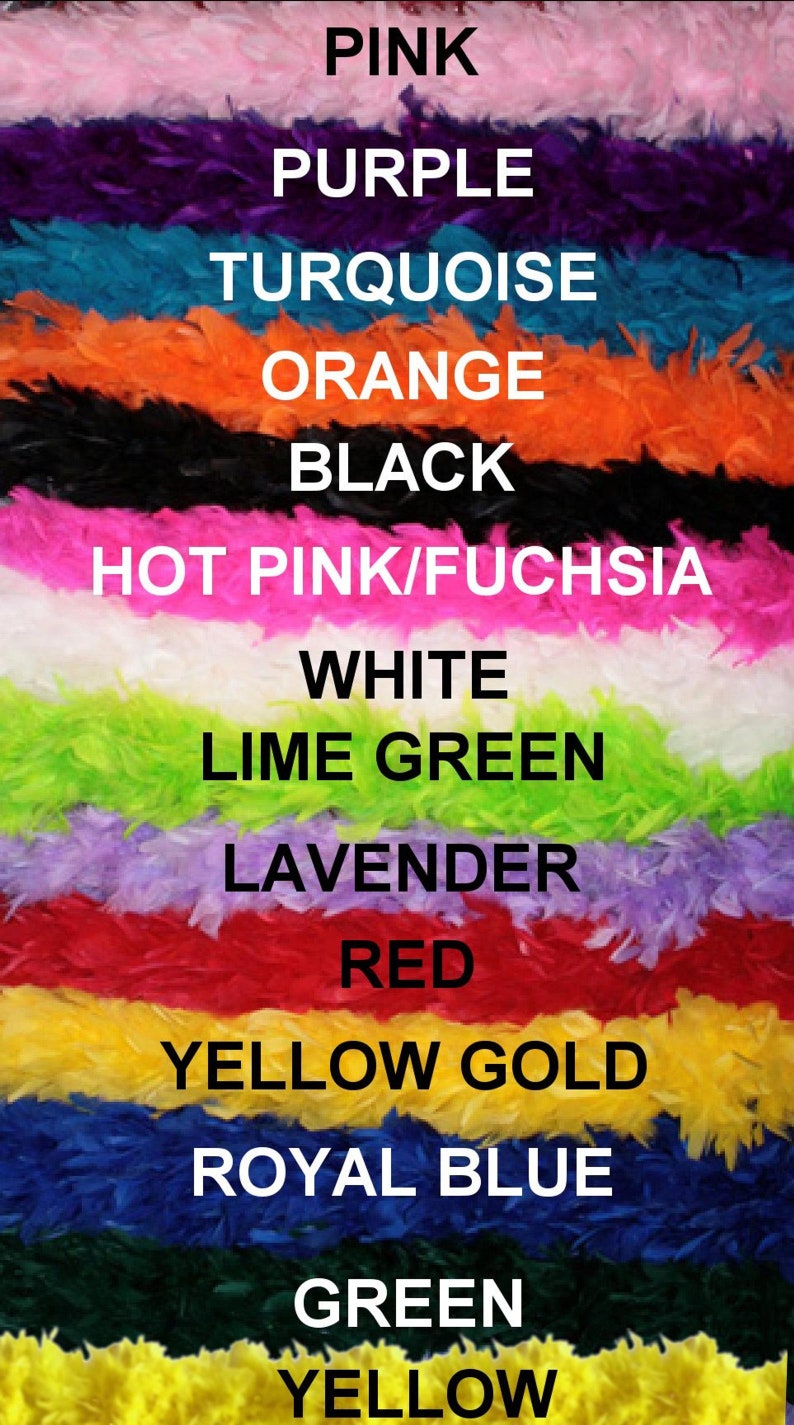 Puede incluir: Una colecci&oacute;n de 14 boas de plumas de diferentes colores, incluyendo rosa, morado, turquesa, naranja, negro, rosa intenso, blanco, verde lima, lavanda, rojo, oro amarillo, azul real, verde y amarillo.