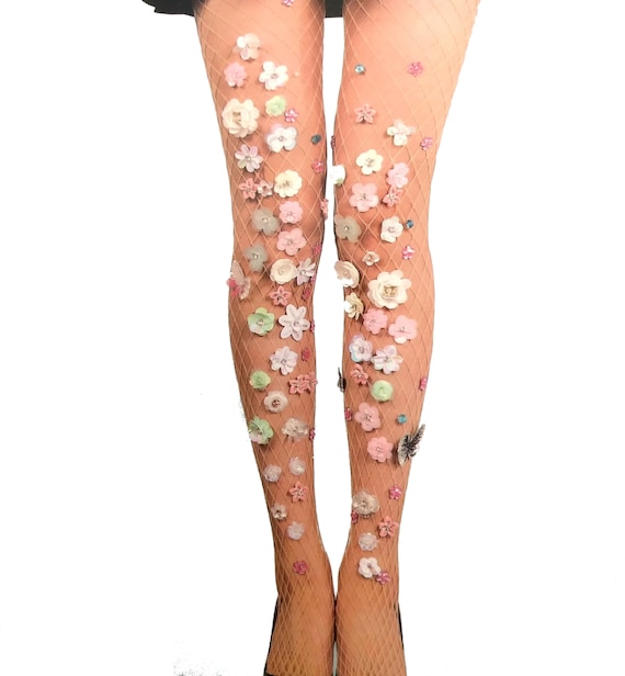 Nude Flower Fishnet Stockings Designer Tights 3-D Handmade Flower Sequins  Rhinestone Crystals and Beads Heavily Embellished -  Canada