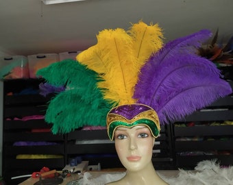 Mardi Gras  New Style Made in USA New  Crown Mardi Gras colors  Feather headpiece height is approx. 12"-14" (30-36 cm).