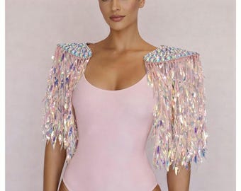Charreteras de lentejuelas para festival, flecos dorados, joyería para los hombros, disfraz de carnaval, hombreras aladas, conjunto de charreteras con espejo, atuendo de corista para fiesta rave