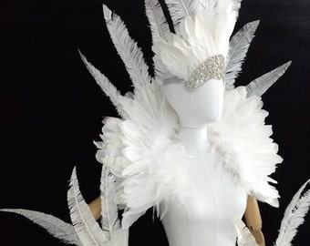 Made in USA White Collar,headdress and arm pieces. Feather costume Piece Samba Hora Loca carnaval parade