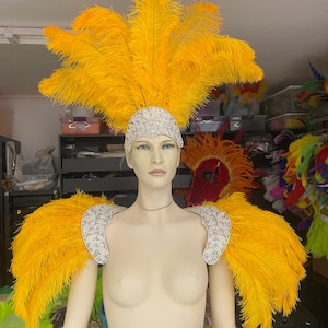 Tocado, alas de plumas, conjunto de charretera y cola, disfraz de carnaval, showgirl, burlesque, apliques de cristal, hecho en EE. UU., piedras de cristal y diamantes de imitación.