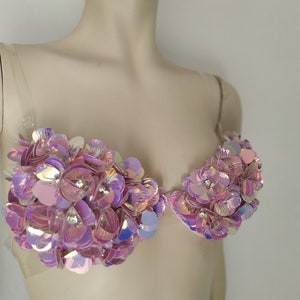 NEW Bra Carnival show girl Iridescent Flower  Pink  Sequin Bra Samba Mardi Gras Brassiere top