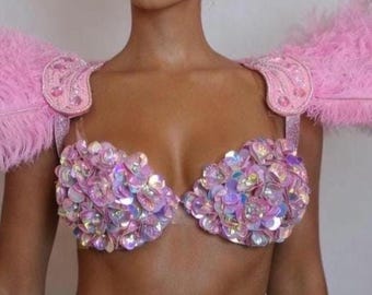 Pink  Bra Carnival show girl Iridescent Flower  Pink  Sequin Bra Halloween Mardi Gras Brassiere top