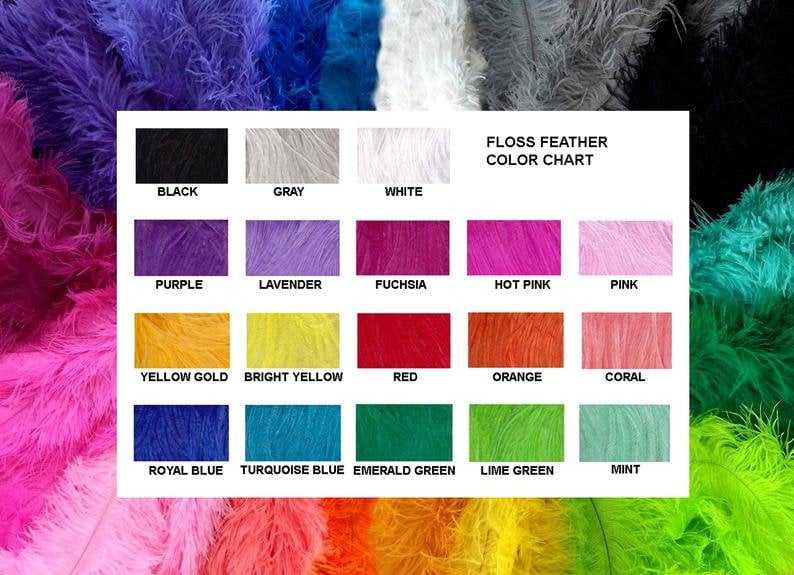 May include: Color chart showing 18 different colors of floss feathers. The colors are: black, gray, white, purple, lavender, fuchsia, hot pink, pink, yellow gold, bright yellow, red, orange, coral, royal blue, turquoise blue, emerald green, lime green, and mint.