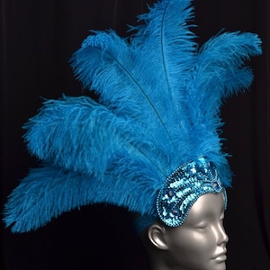 May include: A turquoise feather headdress with a turquoise sequined headband. The headband is decorated with rhinestones.