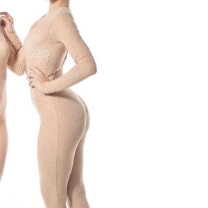 Crystal  Gold AB Colors iridescent rhinestone Beads Bodysuit Leotard. Bodysuit.Mesh Catsuit Rhinestone