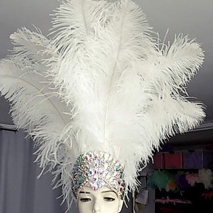 May include: A white feather headdress with a jeweled headband. The headband is decorated with iridescent rhinestones.