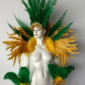 May include: A green and gold feather costume with a headpiece, shoulder pieces, and arm cuffs. The costume is made of feathers and has a gold trim.