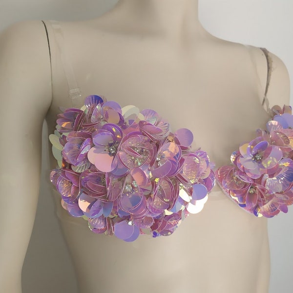 NEW Bra Carnival show girl Iridescent Flower  Pink  Sequin Bra Samba Mardi Gras Brassiere top