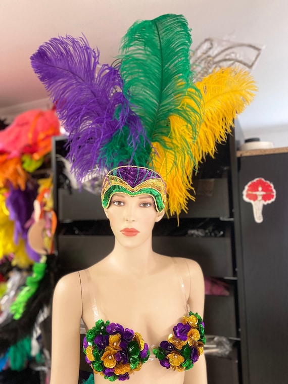 Mardi Gras Feather Headpiece Headdress Mardi Gras Top Sequined Bra