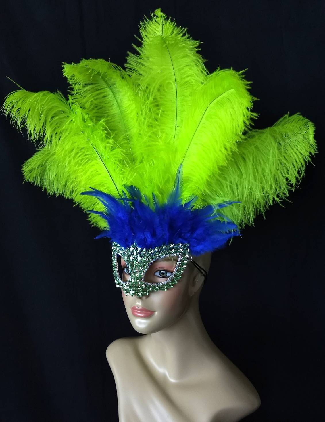 Rhinestone mask headdress ostrich floss feathers samba carnival hora loca