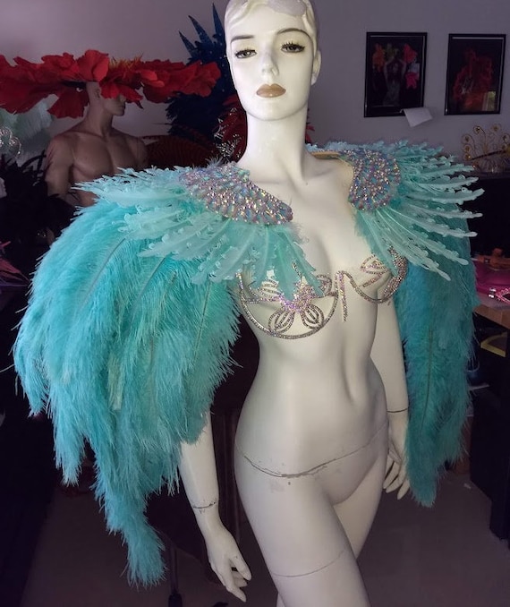 New Ostrich Feather  Prime Shoulder Back Pack with Crystal appliques Feather  Carnival Samba Made in USA  Festival pageant WFF