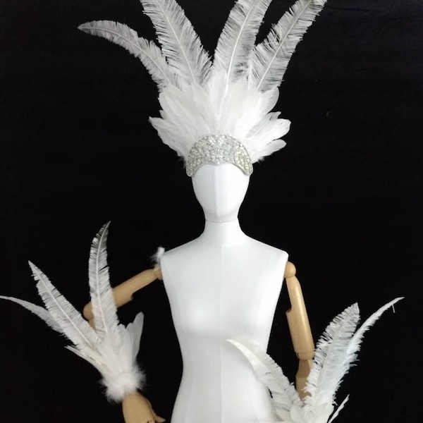 Made in USA White Collar,headdress and arm pieces. Feather costume Piece Samba Hora Loca carnaval parade