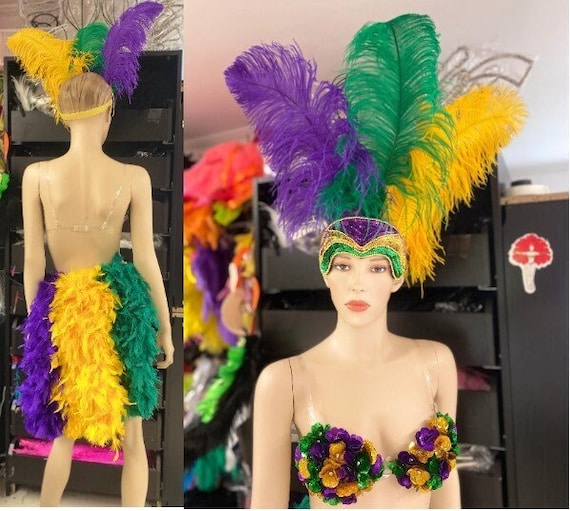 Mardi Gras New Style Made in USA Crown Mardi Gras Feather Headpiece Height  is Approx. 14 16 BRA Headdress Tail Purple Gold Green Top -  Canada
