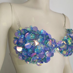 NEW Bra Carnival show girl Iridescent Flower Baby Blue Turquoise Sequin Bra Samba Mardi Gras Brassiere top