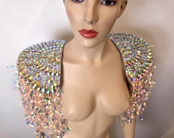 Large AB Crystal Epaulets   Laser Cut Sequin Fringes MADE in USA have more colors Carnival Set  epaulettes  shoulder Pads Fringe Jewelry