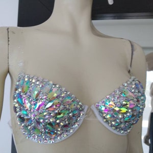 NOUVEAU Bra Carnaval show girl Iridescent Crystals AB Stones Bra Samba Mardi Gras Brassiere top