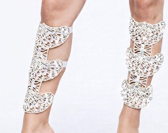 Luxury Clear Crystal Leg Cuffs – Rhinestone Showgirl Calf Armor – Carnival Stage Dancewear