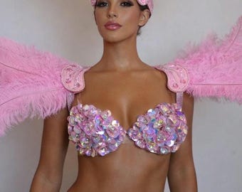 Rosa BH Karneval zeigen Mädchen irisierende Blume Rosa Pailletten- BH Halloween Karneval Büstenhalter oben