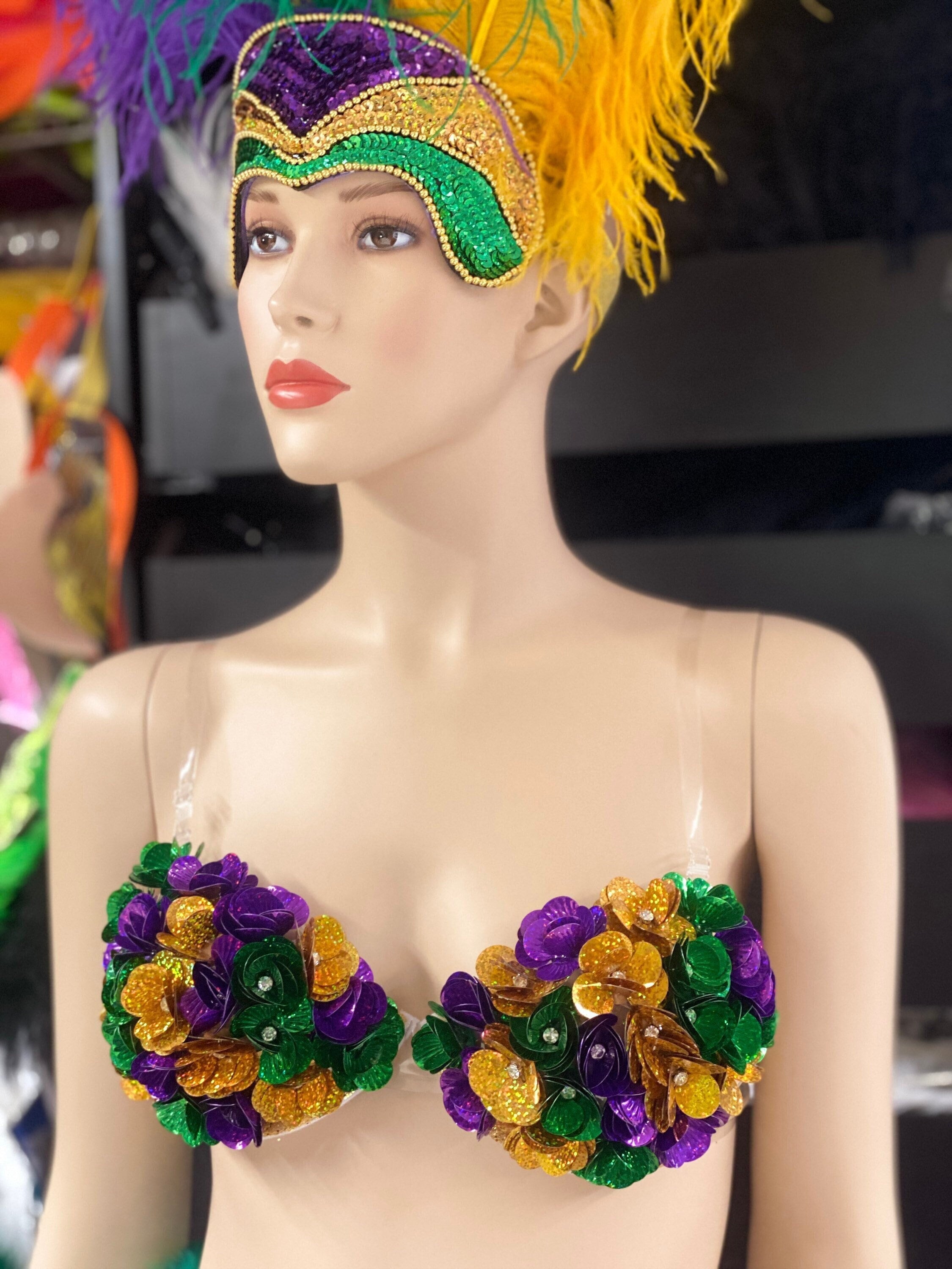 Mardi Gras Top Sequined Bra Mardi Gras Feather Headpiece Headdress Tail  Purple Gold Green Top Made in and Shipped From the USA 