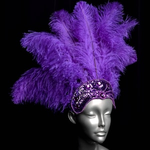 May include: Purple feather headdress with a jeweled headband. The headband is decorated with purple sequins and rhinestones.