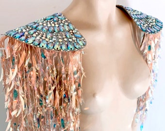 Large AB Crystal Epaulets   Laser Cut Sequin Fringes MADE in USA have more colors Carnival Set  epaulettes  shoulder Pads Fringe Jewelry