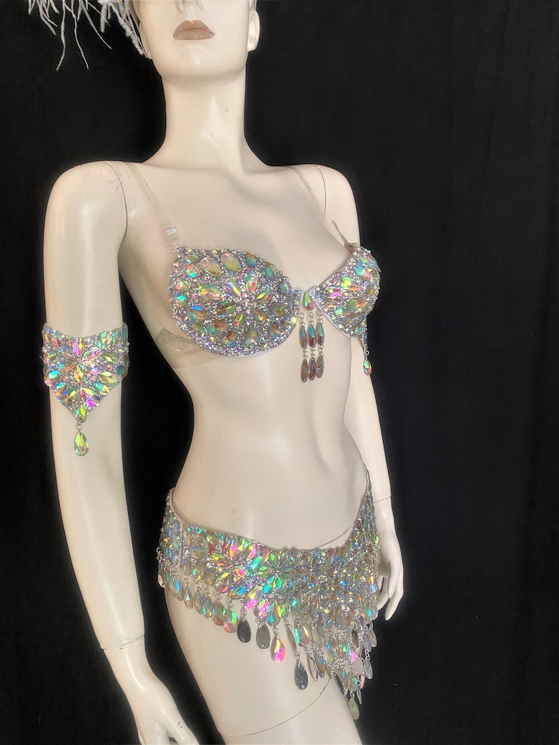 May include: A silver and iridescent costume set with a bra, belt, and arm cuff. The set is adorned with rhinestones and teardrop-shaped crystals.