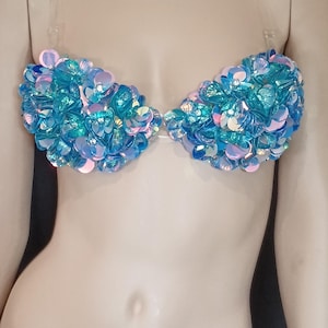 NEW Bra Carnival show girl Iridescent Flower Baby Blue Turquoise Sequin Bra Samba Mardi Gras Brassiere top
