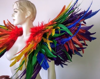 Alexander Rainbow Feather Shoulder Piece Samba Costume Wings,  Carnival Parade Headpiece – Showman Showgirl Costume – Made in USA