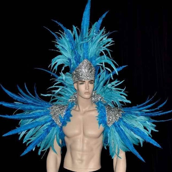 Made in USA  Ares Feather shoulder piece and Showman headdress Carnival Parade Showman Showgirl