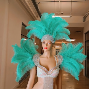 Puede incluir: Un tocado de plumas turquesa y hombreras a juego con un corpiño y falda de lentejuelas. El tocado presenta una banda de cuentas plateadas, mientras que las hombreras y el corpiño están adornados con intrincados bordados plateados y flecos.