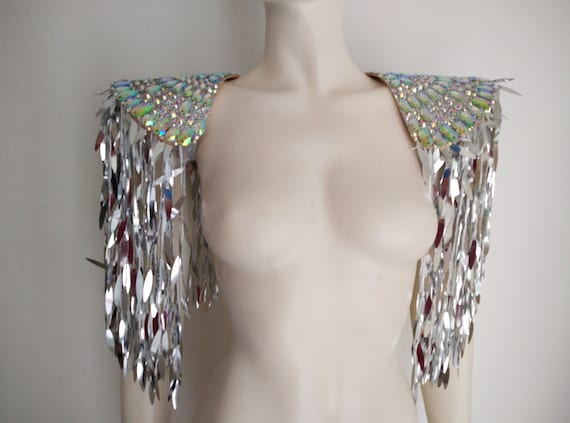 Large AB Crystal Epaulets  AB  Color Laser Cut Sequin Fringes  Carnival Set  epaulettes  shoulder Pads Fringe Jewelry