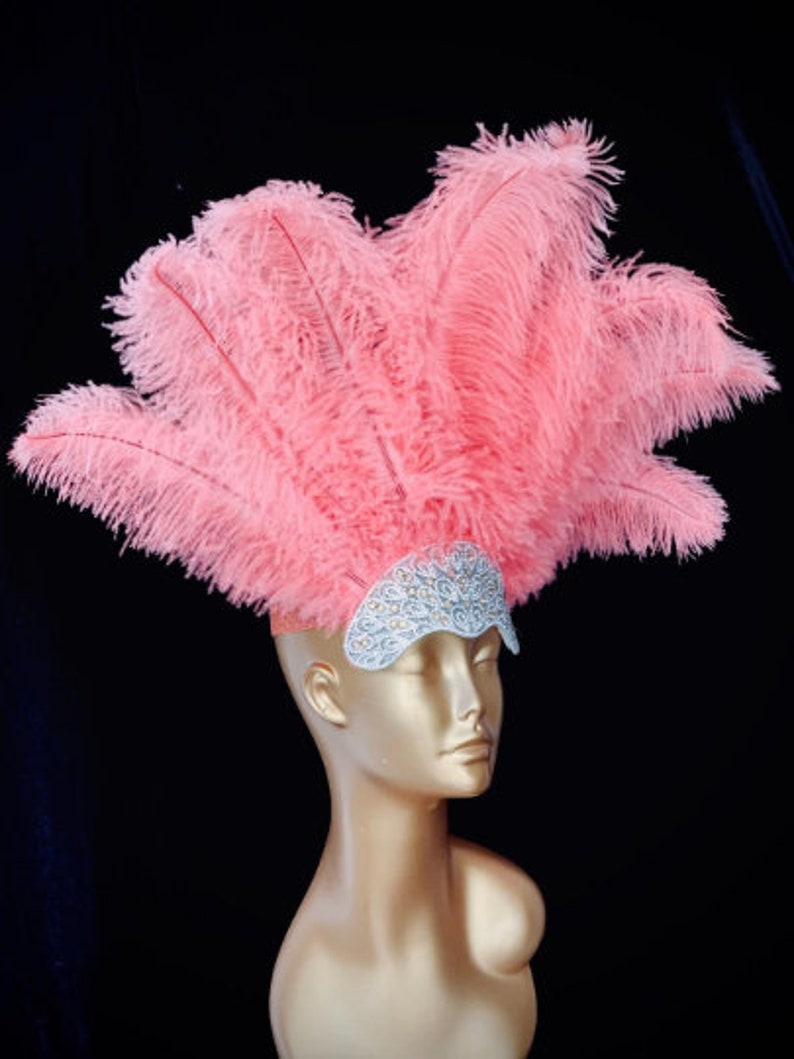 May include: A pink feather headdress with a white beaded headband. The headdress is made of a large cluster of pink feathers.