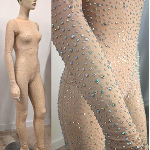 Professional Crystal AB Iridescent Rhinestone Bodysuit Mesh Beaded Catsuit, Small and Medium Unitard
