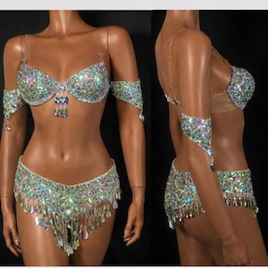 Luxury Crystal Carnival Costume Set – Iridescent Rhinestone Bra & Fringe Skirt – Pageant Showgirl Samba Festival Outfit image 2